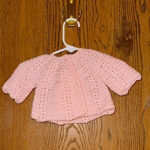 Handmade Vintage ‘59 Pink Crochet Baby Sweater, Bonnet, and Booties Matching Set